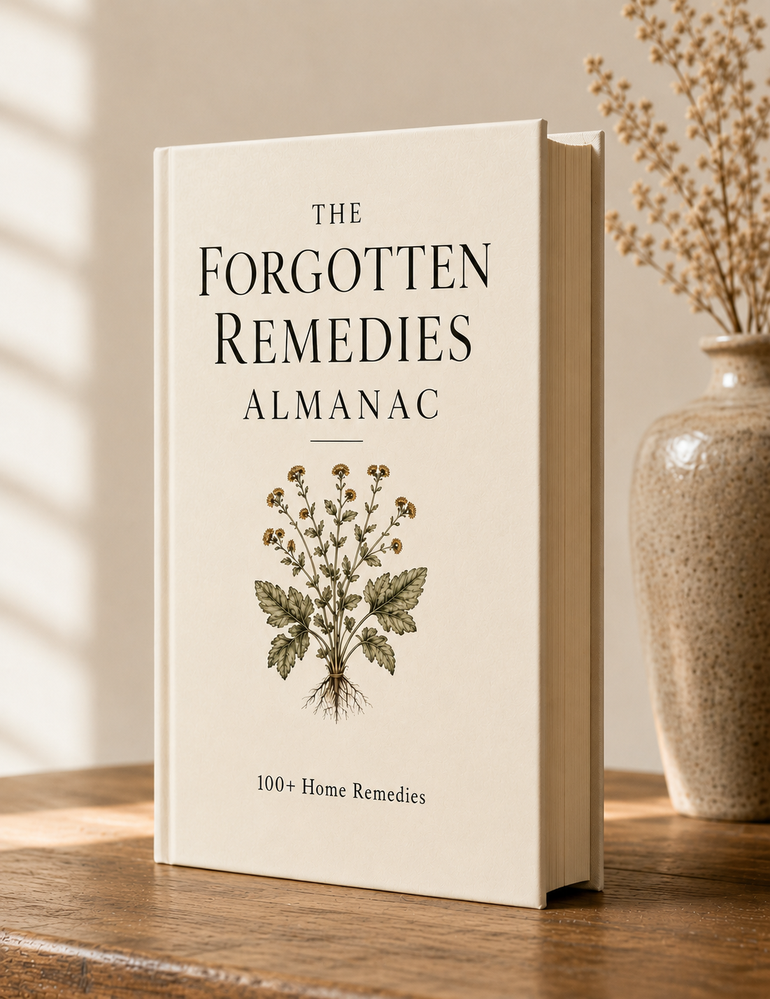 The Forgotten Remedies Almanac hardcover, standing on a wooden table