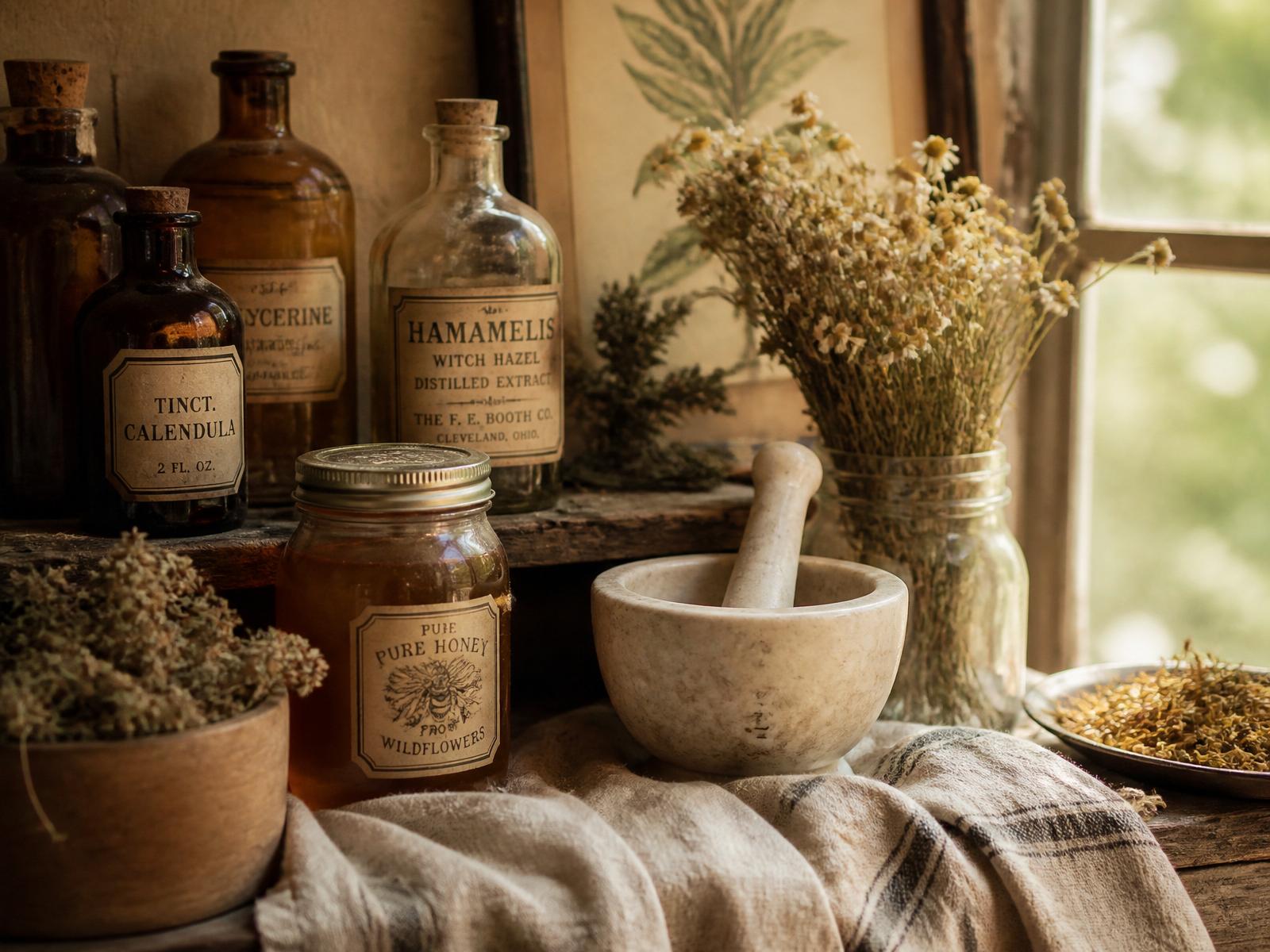 Amber apothecary bottles, a honey jar, dried chamomile, and a mortar on a farmhouse windowsill